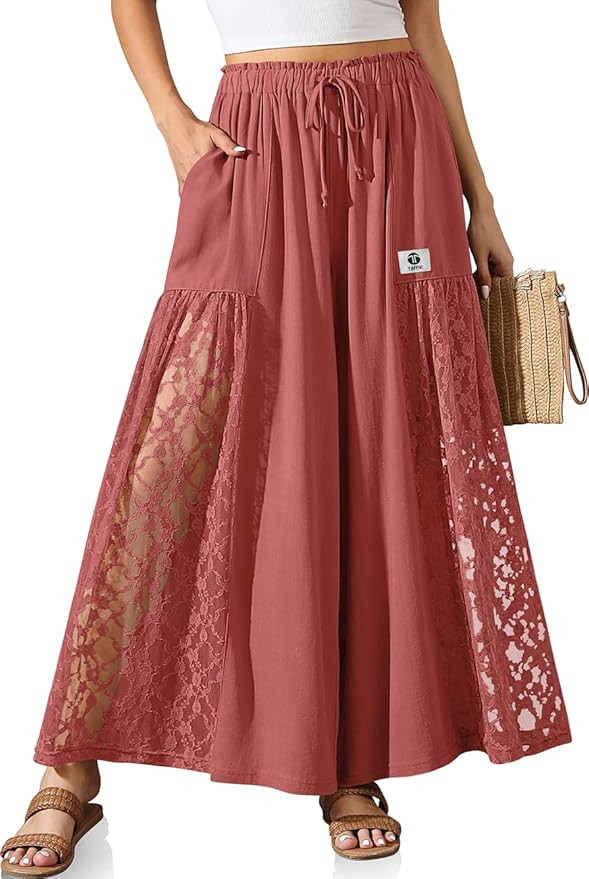 TARSE Women Linen Wide Leg Pants Lace Patchwork Boho Loose Palazzo Pants Summer Casual Beach Trou... | Amazon (US)