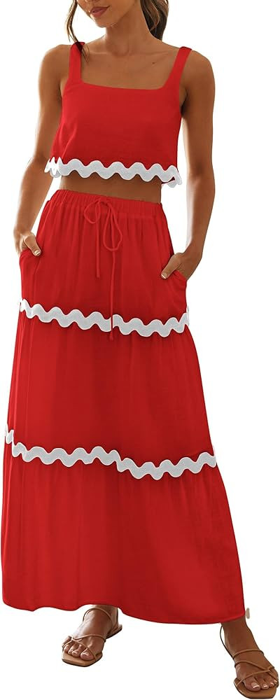PRETTYGARDEN Women's Summer 2 Piece Beach Outfit Casual Sleeveless Cropped Tank Top High Waisted ... | Amazon (US)