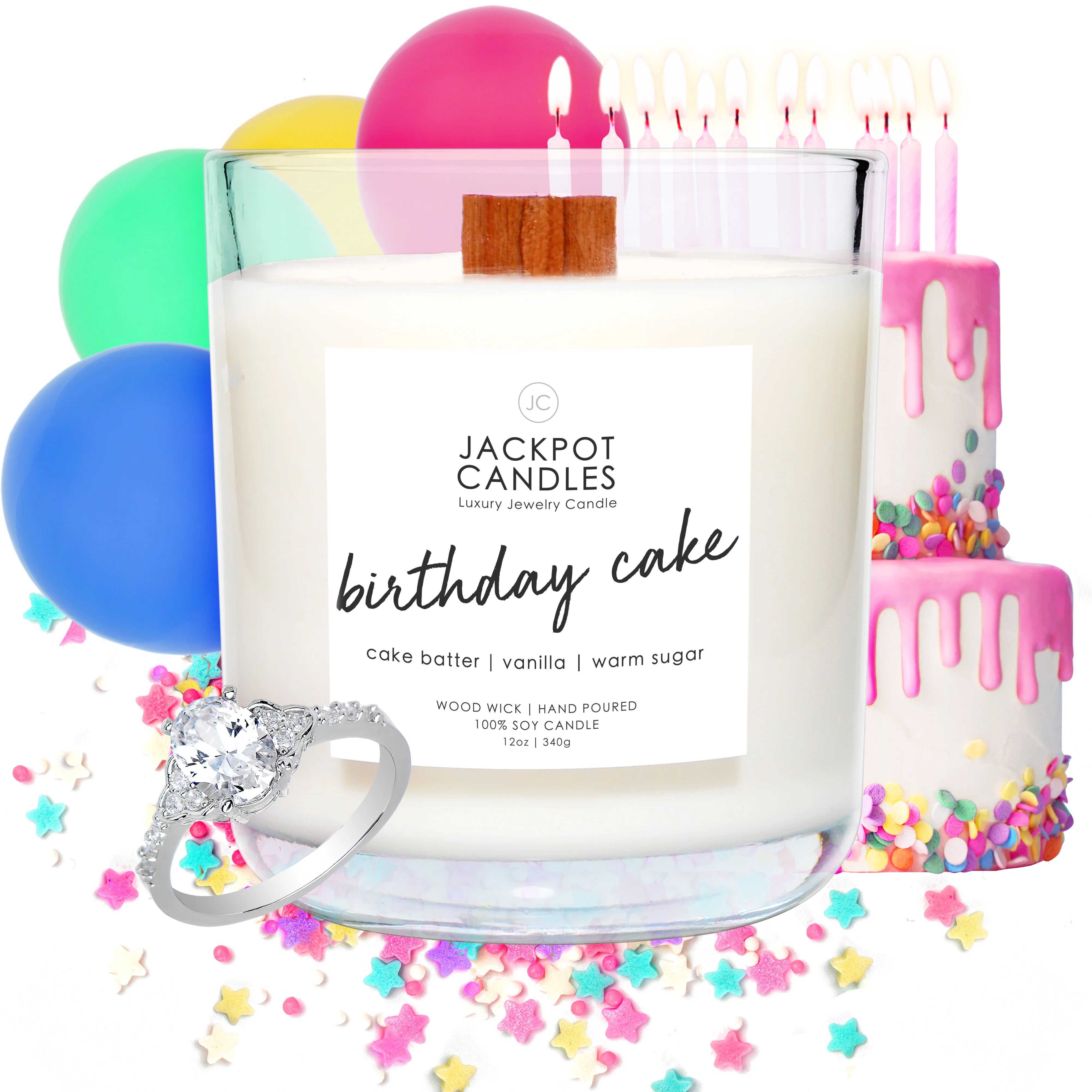 Birthday Cake Wooden Wick Scented Candle, Jewelry Candle with Ring Inside, Size 5 | Jackpot Candles