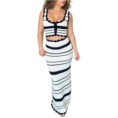 Crochet Knit 2 Piece Skirt Set for Women Knit Top Striped Bodycon Long Skirt Beach Cover Up Streetwear (A,S,Small) | Amazon (US)