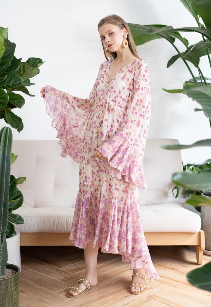 Ditsy Floral Kimono Sleeves Semi-Sheer Hi-Lo Dress | Chicwish