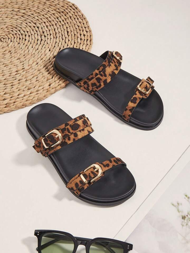 Leopard Print Metal Buckle Flat Sandals Slippers, Casual Holiday Style | SHEIN