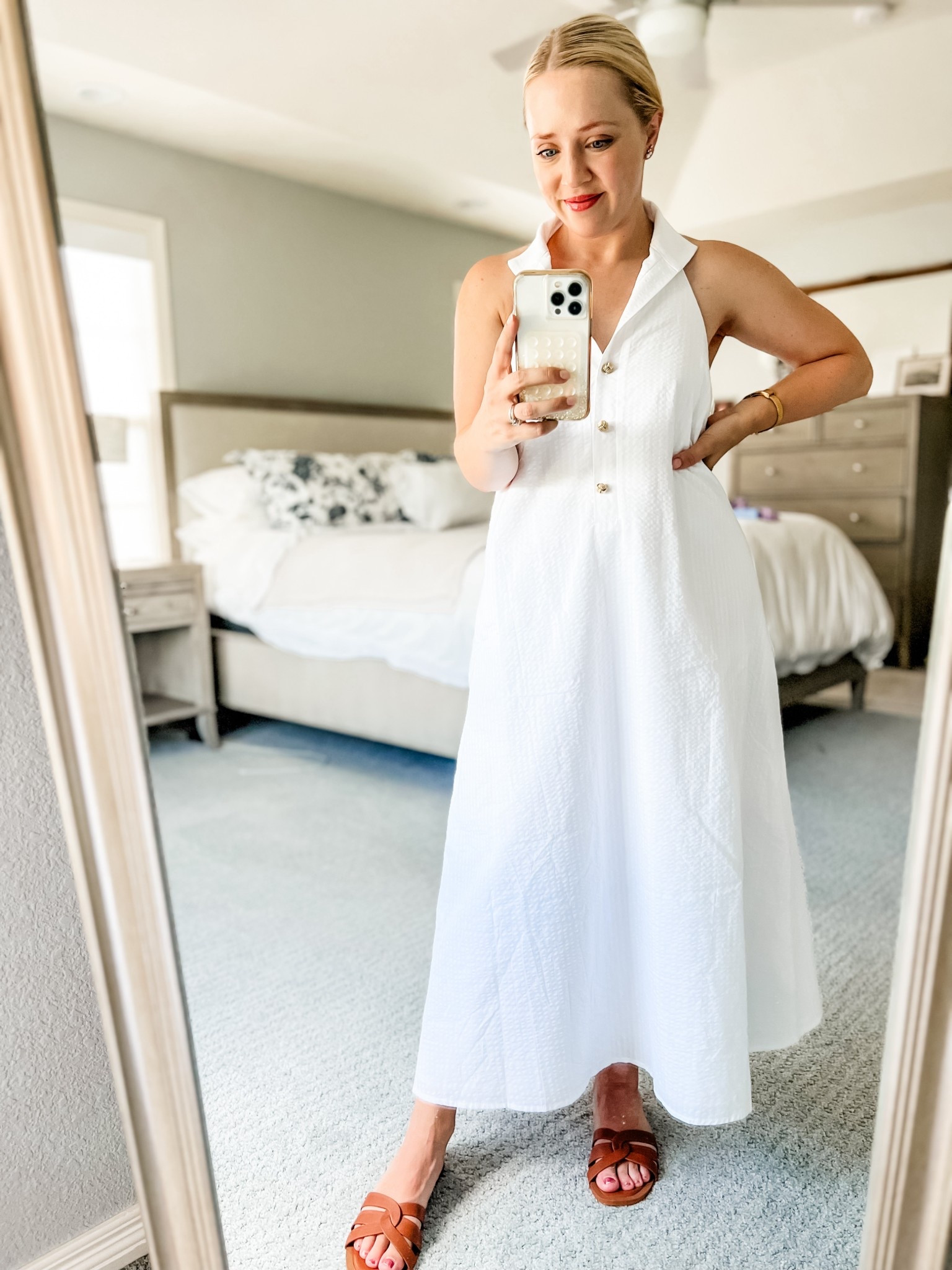 This dress is so pretty with an open back and collar style! I sized down one size to xs. This dress is light and has a classic feeling with a gold button front. As a petite, this white dress is a midi length. 

Summer dress, white dress, Tuckernuck, capsule wardrobe 

#LTKStyleTip #LTKPetite
