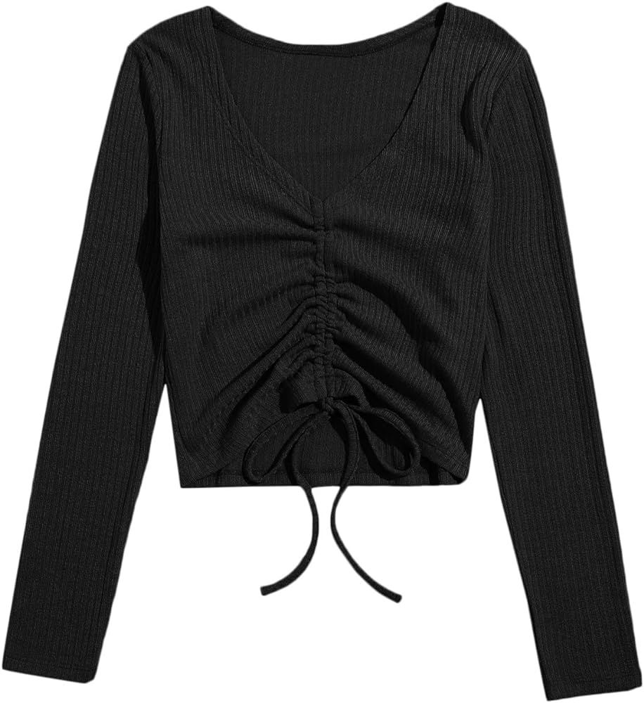 SweatyRocks Women's Long Sleeve V Neck Crop Top Drawstring Ruched Tee Shirt | Amazon (US)