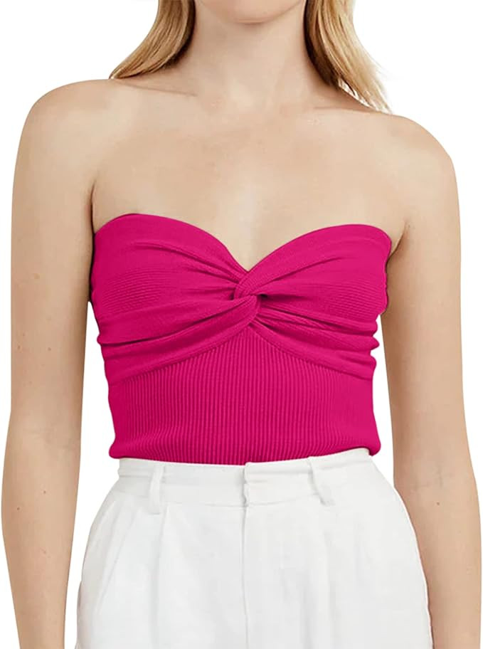 MISSACTIVER Women Twist Knot Front Knit Tube Tank Top Sleeveless Off Shoulder Strapless Crosscris... | Amazon (US)