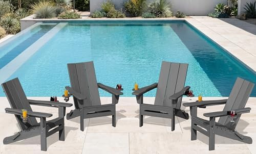 SERWALL Modern Folding Adirondack Chair Set 4, Outdoor, Relaxing, Grey, Polyethylene, Wood Finish... | Amazon (US)