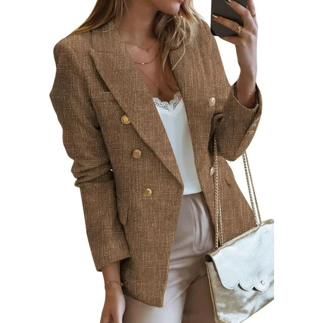 Womens Double Breasted Tweed Blazers Casual Long Sleeve Open Front Blazer Jackets Work Suits | Walmart (US)