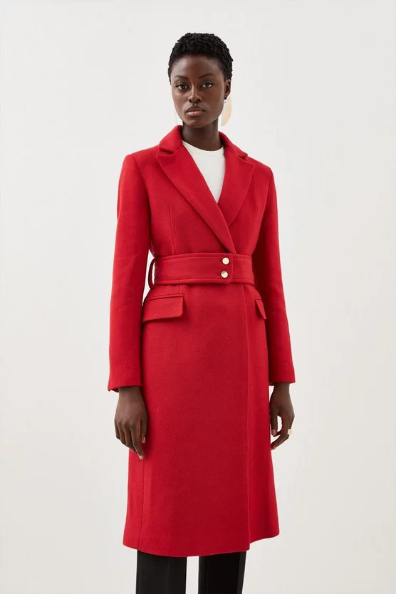 Italian Manteco Wool Mix Button Detail Belted Midi Coat | Karen Millen US