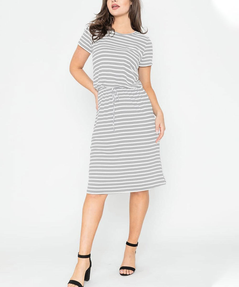 egs by eloges Women's Casual Dresses GREY - Gray & White Stripe Drawstring-Waist Midi Dress - Women  | Zulily