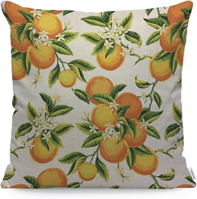 Yekiua Orange Fruits Pillow Cover Vintage Botanic Blossom Flowers Leaves Rustic Farmhouse Decorat... | Amazon (US)
