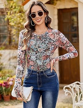 Totatuit Women Floral Mesh Long Sleeve Top Crewneck Double Lined Basic Shirts with Thumb Holes Go... | Amazon (US)