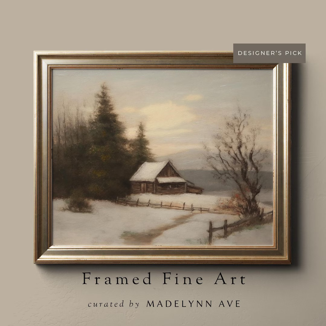 Framed Winter Cabin Wall Art Vintage Style Christmas Art Print, Classic Snowy Winter Painting - E... | Etsy (US)