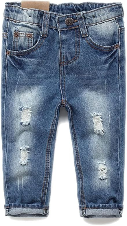 KIDSCOOL SPACE Baby Girl Boy Jeans,Little Kid Elastic Band Inside Ripped Denim Jeans Pants | Amazon (US)