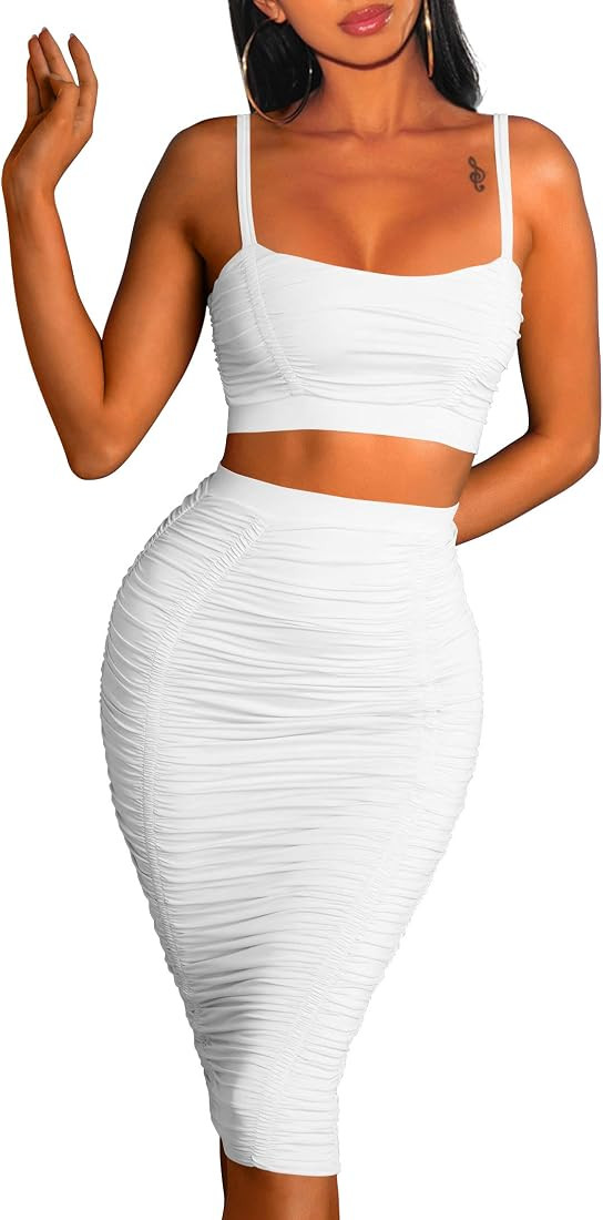 GOKATOSAU Women's Sexy Cami Crop Top Casual Skirt 2 Piece Ruched Outfits Club Midi Dress | Amazon (US)