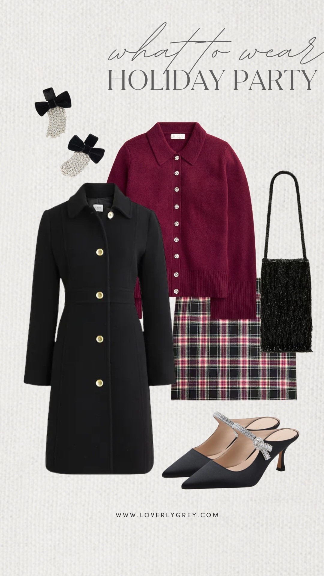 Loverly Grey, what to wear to a holiday party. I am loving the tartan skirt paired with a collared long sleeve and a black coat layered on top. I accessorized with a beaded black purse, heels, and bow earrings from Tuckernuck. Loverly Grey, what to wear, holiday event

#LTKSeasonal #LTKootd #LTKHoliday