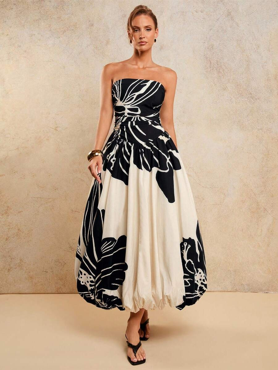 Women's Elegant Ruched Printed Dress, Suitable For Banquet, Spring/Summer/Autumn/Winter | SHEIN