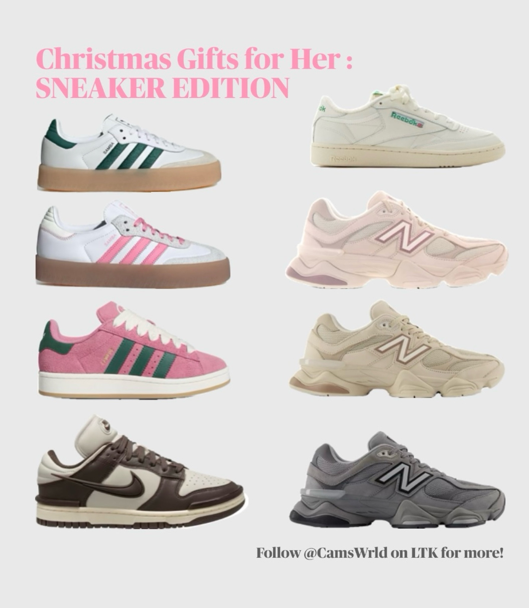 Christmas Gift Guide for Her: SNEAKER EDITION 👟🎄
These are perfect examples for those who love pink. 
The New Balances are a perfect chunkiness for a streetwear outfit. 
❤️Follow for more! Going to be bringing TONS of items your way to make Christmas shopping a bit easier for you! It’s all right here in one place! 

#LTKGiftGuide #LTKStyleTip #LTKHoliday