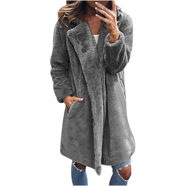 Usmixi 2023 Faux Fur Coat for Women Plush Trench Coat for Women Plus Size Casual Solid Soft Fuzzy... | Walmart (US)