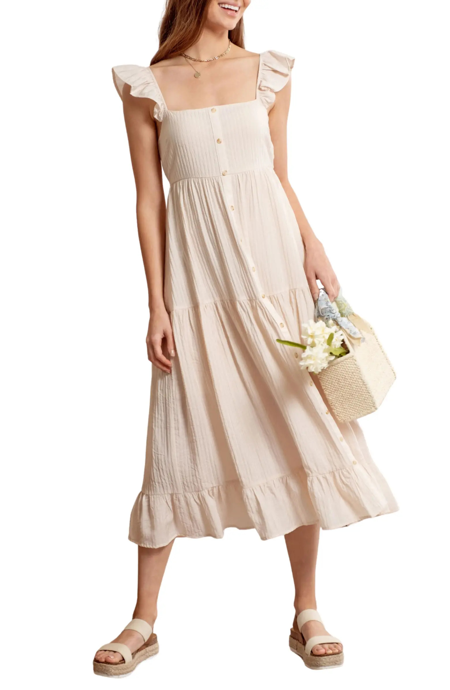 Ruffle Button Front Tiered Midi Dress | Nordstrom Rack