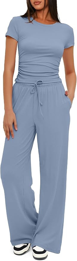 Darong Women's 2 Piece Summer Outfits Lounge Sets Side Ruched Short Sleeve Crop Top & Wide Leg Pa... | Amazon (US)