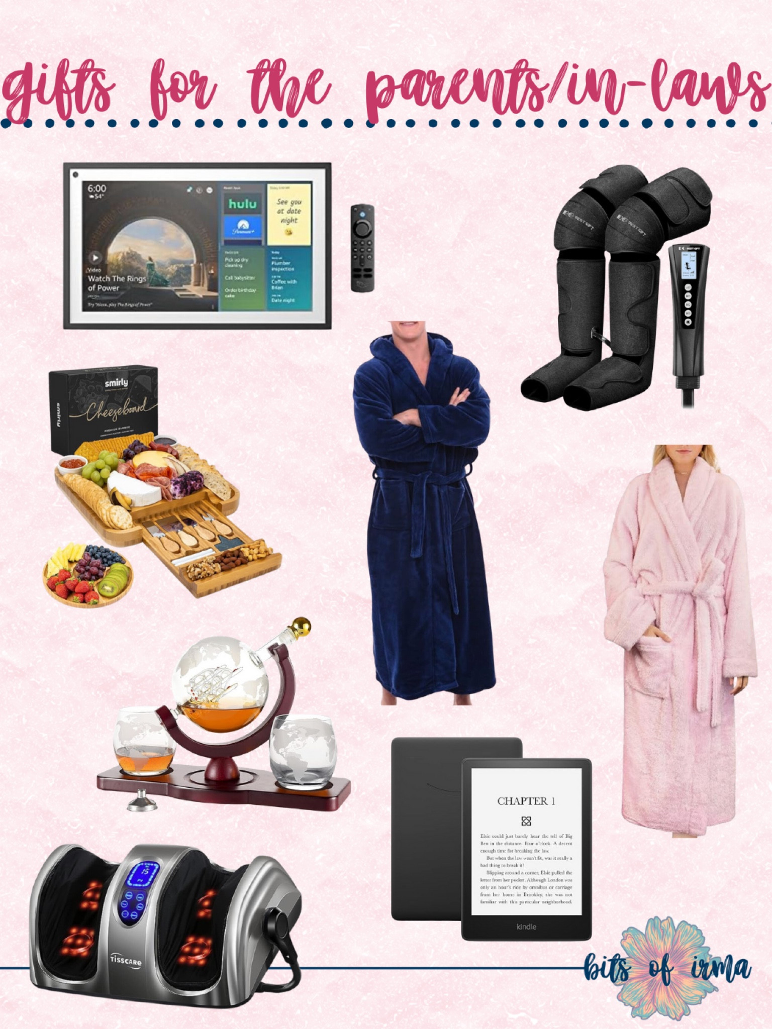 Gifts for the Parents/In-Laws | His and Hers Robes | Cheeseboard Set | Whiskey Globe Decanter Set | Charcuterie Board | Leg and Foot Massager | Kindle E-Reader | Gift Guide for Parents 

#LTKSeasonal #LTKHoliday #LTKGiftGuide
