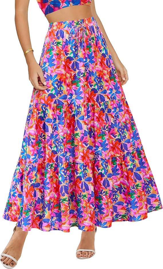 KIRUNDO Women's Boho Floral Flowy Long Skirts 2025 Casual Spring Summer Drawstring Elastic Waist ... | Amazon (US)