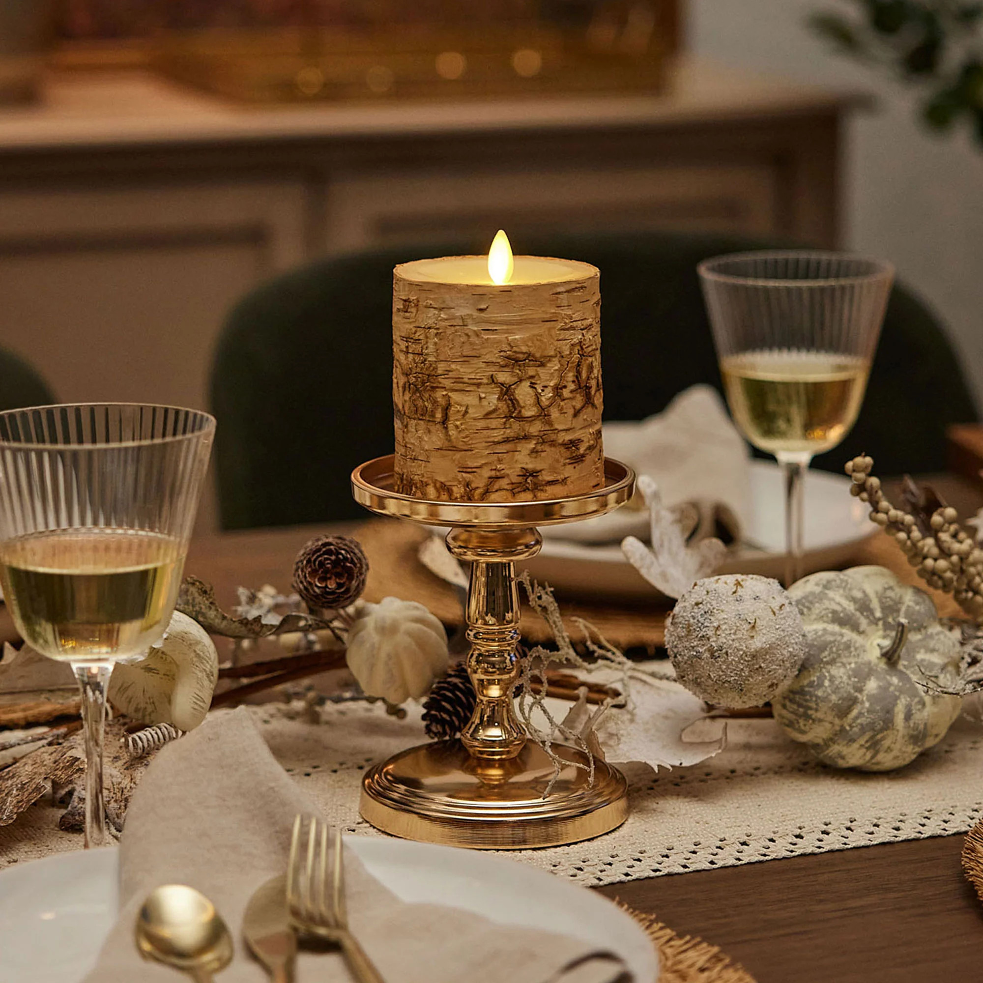 Real Birch Wood Flameless Candle Pillar - Recessed Top - 3.5" Width | Luminara
