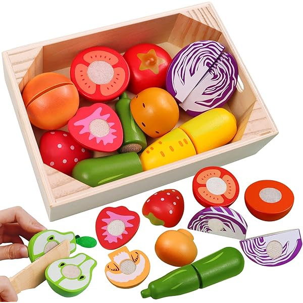 WHOHOLL Wooden Play Food for Kids, Cutting Food Toys for Toddlers, Pretend Play Food with Wooden Tra | Amazon (US)