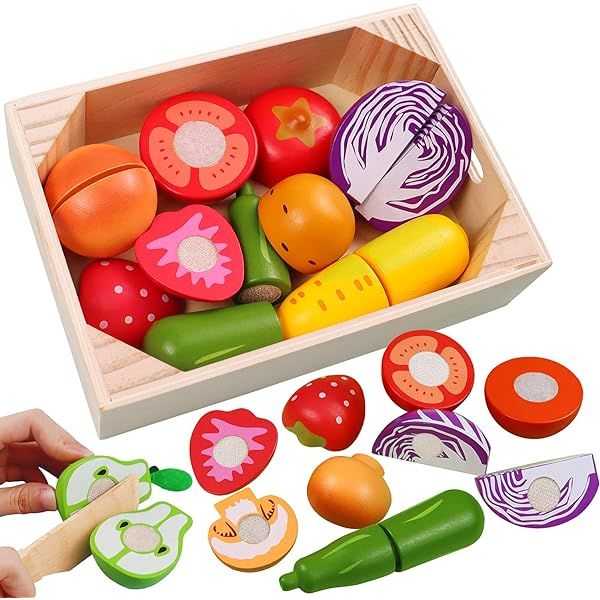 WHOHOLL Wooden Play Food for Kids, Cutting Food Toys for Toddlers, Pretend Play Food with Wooden Tra | Amazon (US)