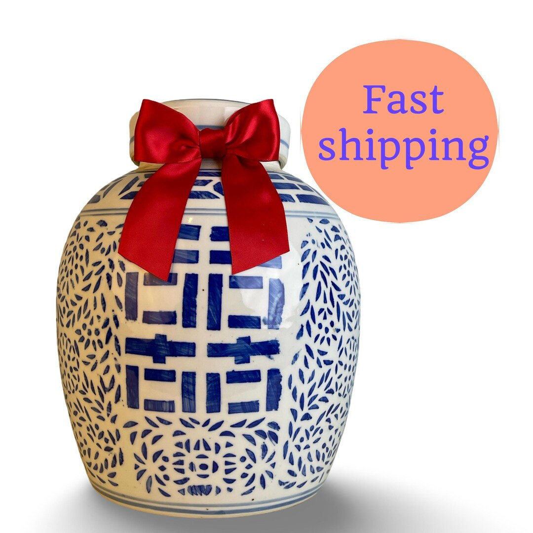 Vintage Lidded Double Happiness Ginger Jar Blue & White Porcelain Chinoiserie Decor Grandmillenni... | Etsy (US)