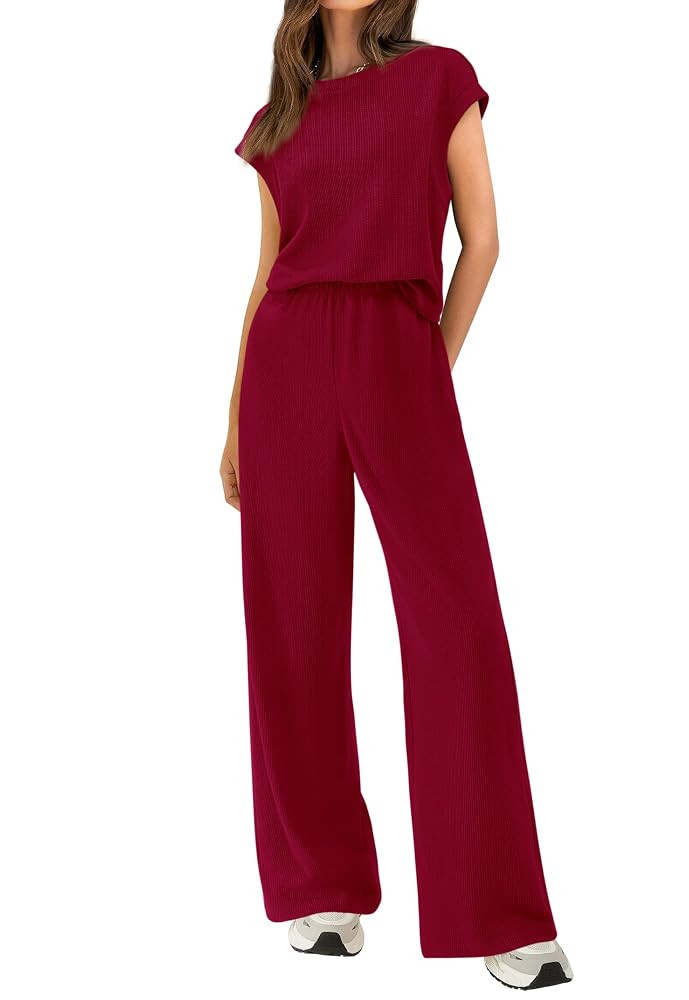 BTFBM Women Two Piece Outfits Summer Short Sleeve Knit Tops Wide Leg Pants Lounge Matching Sets S... | Amazon (US)
