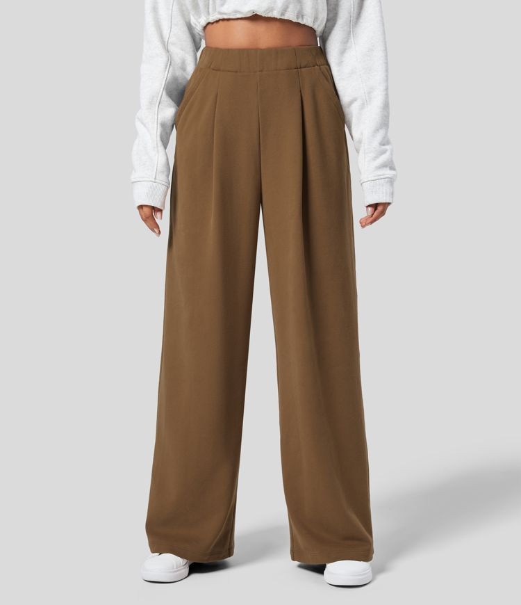 High Waisted Plicated Side Pocket Wide Leg Fleece Casual Cotton Pants | HALARA