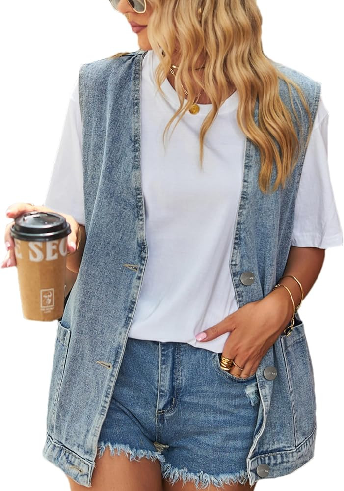 Women's Casual Denim Jean Vest Oversized Sleeveless Mid Long Button Down Jeans Jackets Vests Tops... | Amazon (US)