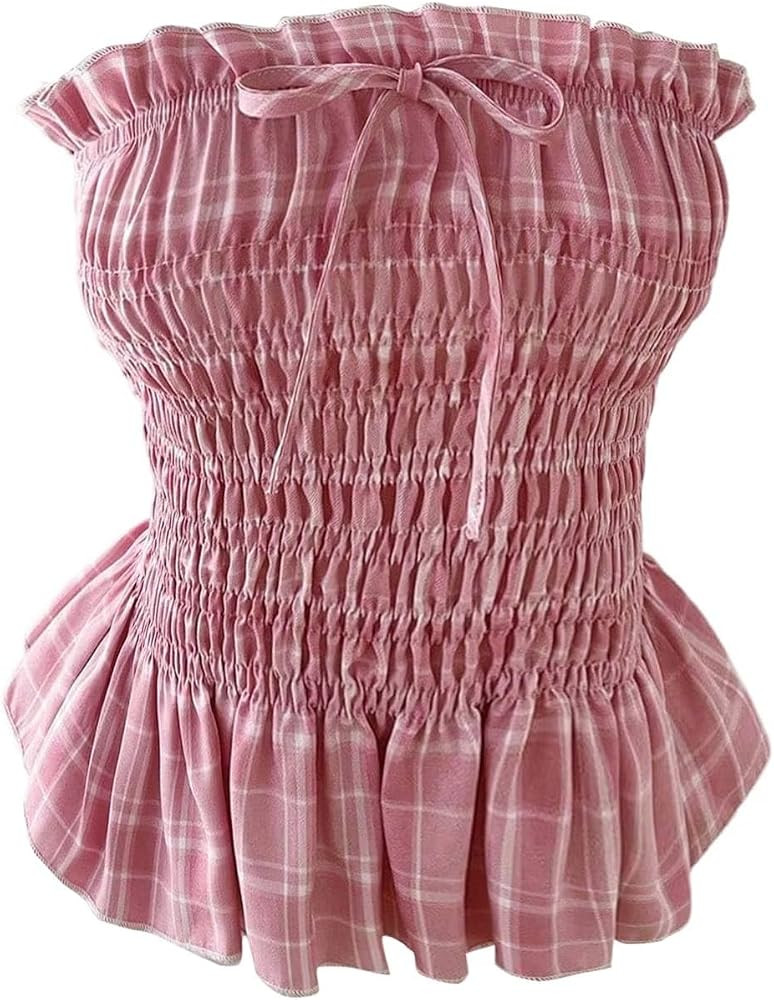 Milumia Women's Plaid Print Shirred Ruffle Tube Top Bow Tie Front Strapless Casual Tops | Amazon (US)
