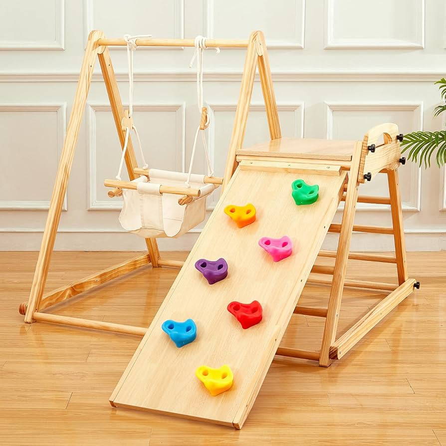 FUNLIO 4-in-1 Wooden Toddler Swing and Slide Set, Foldable Montessori Jungle Gym for Toddlers 0.5... | Amazon (US)