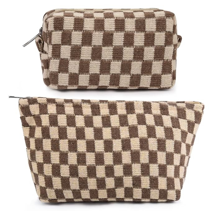 SOIDRAM 2 Pieces Makeup Bag Large Checkered Cosmetic Bag Brown Capacity Canvas Travel Toiletry Ba... | Amazon (US)