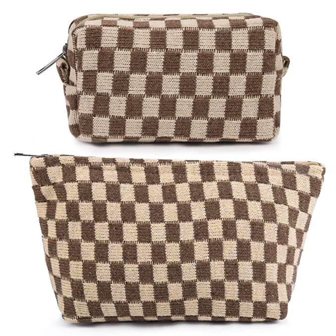 2 Pieces Makeup Bag Large Checkered Cosmetic Bag Brown Capacity Canvas Travel Toiletry Bag Organi... | Amazon (US)