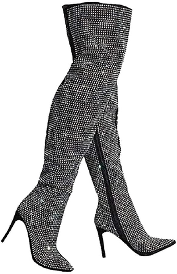 Anne Michelle Women's All Over Diamond Rhinestone Stripe Front Slouchy Thigh High Stiletto Boots | Amazon (US)