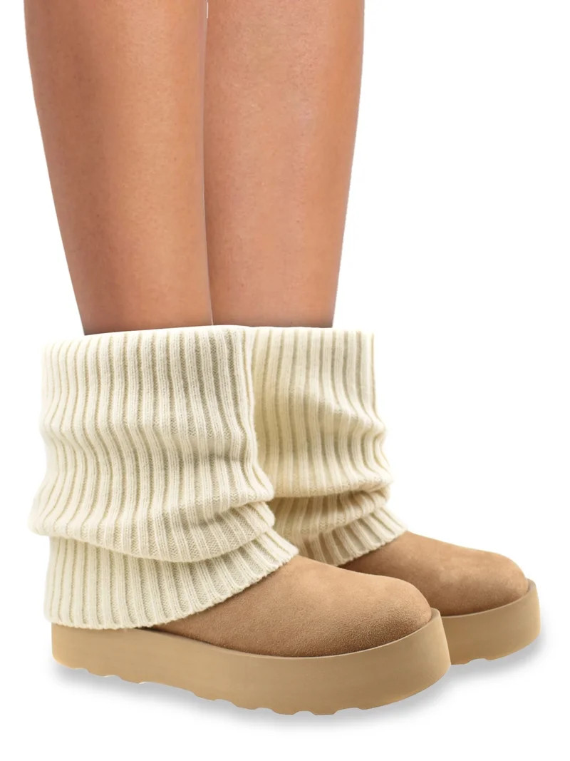 No Boundaries Women's Foldover Sweater Faux Fur Boots | Walmart (US)
