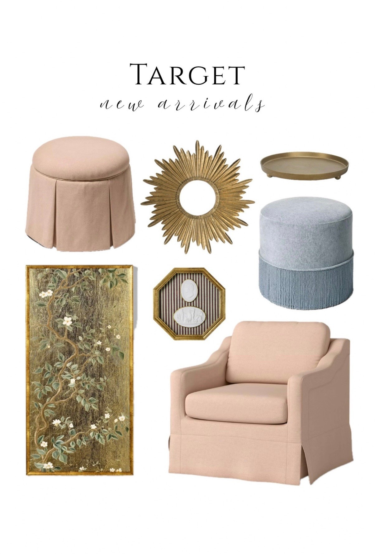 Target new arrivals ✨ framed intaglio art, gorgeous gilded chinoiserie art skirted chair fringe ottoman