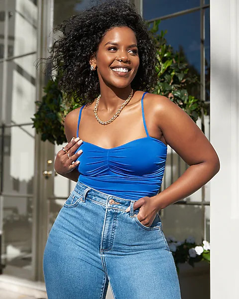 Body Contour Double Layer Ruched Thong Bodysuit | Express