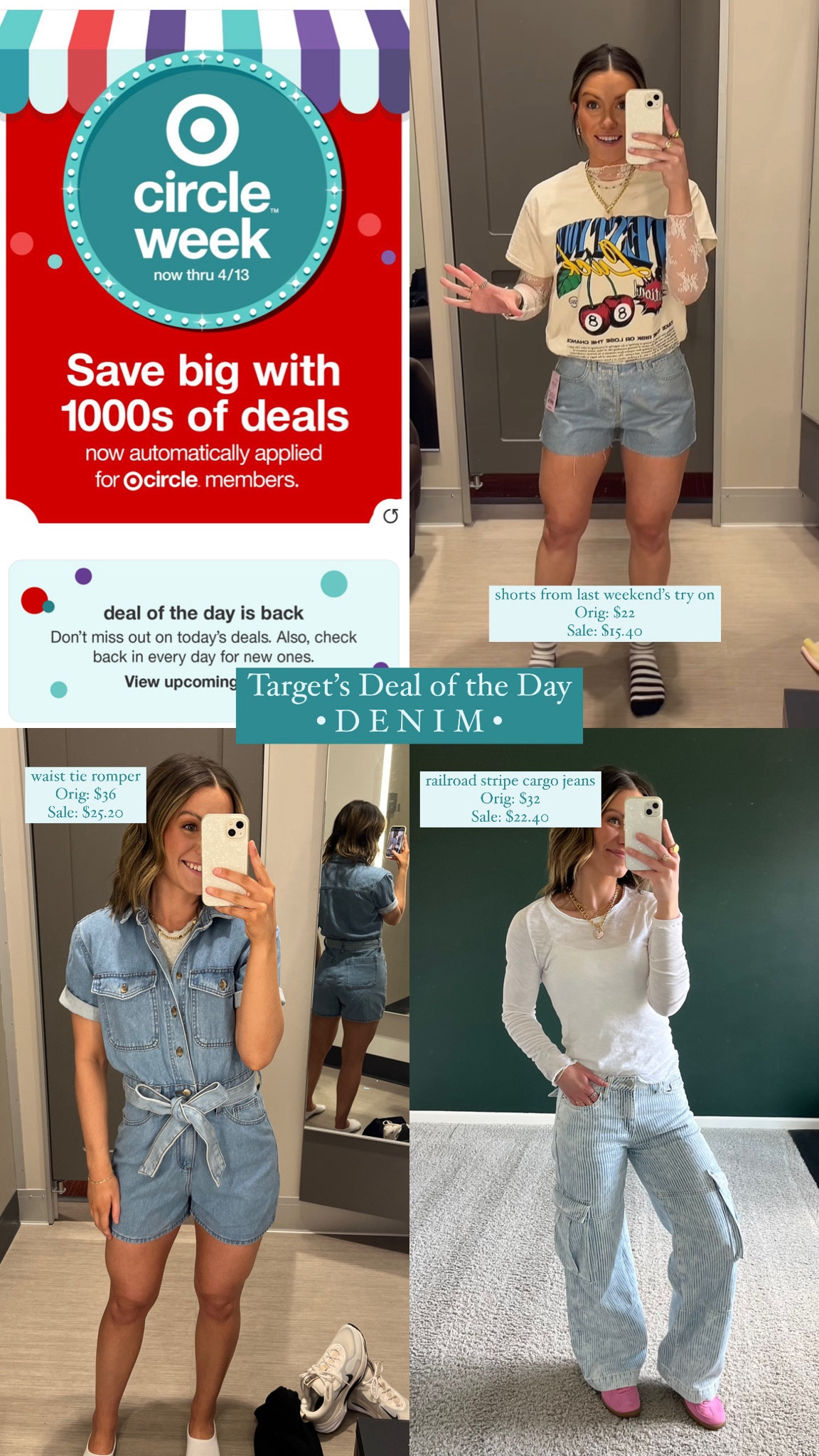 Target circle deal of the day: DENIM - 30% off. I have tons of denim from Target and it is all great quality and so stinking cute. The iridescent shorts in the top left photo are SO fun for summer concerts or events. The denim romper would be great for a casual brunch with friends! And the railroad stripe cardio jeans are SO comfy and could be styled a ton of ways. 

Size 2 in the shorts and jeans and a 4 in the romper  

I also own the two jeans tagged as similar styles, they are AMAZING. I just don’t have photos. The denim material is rigid enough to hold you in and not lose shape, but stays comfortable! 

#LTKsalealert #LTKfindsunder50 #LTKxTarget
