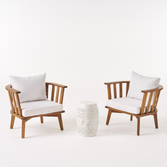 GDF Studio Taquile Outdoor Acacia Wood 3 Piece Chat Set with Cushions, Teak and White | Walmart (US)