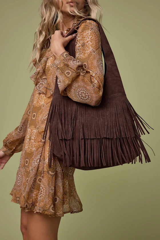 Noelene Dark Brown Vegan Suede Fringe Tote Bag | Lulus