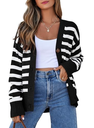 EVALESS Womens Striped Cardigan Sweaters Fashion 2024 Fall Winter Long Sleeve V Neck Lightweight Cardigans Open Front Button Down Knit Oversized Sweater Tops Black Stripe XX-Large | Amazon (US)