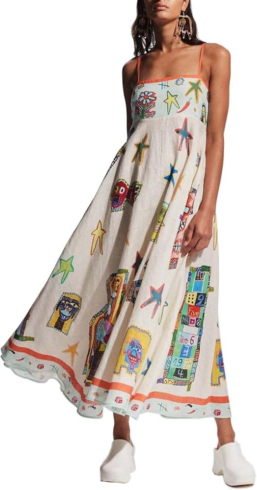 Women Boho Flowy Graffiti Long Aline Sundress Graphic Square Neck Sleeveless Spaghetti Strap Y2K ... | Amazon (US)