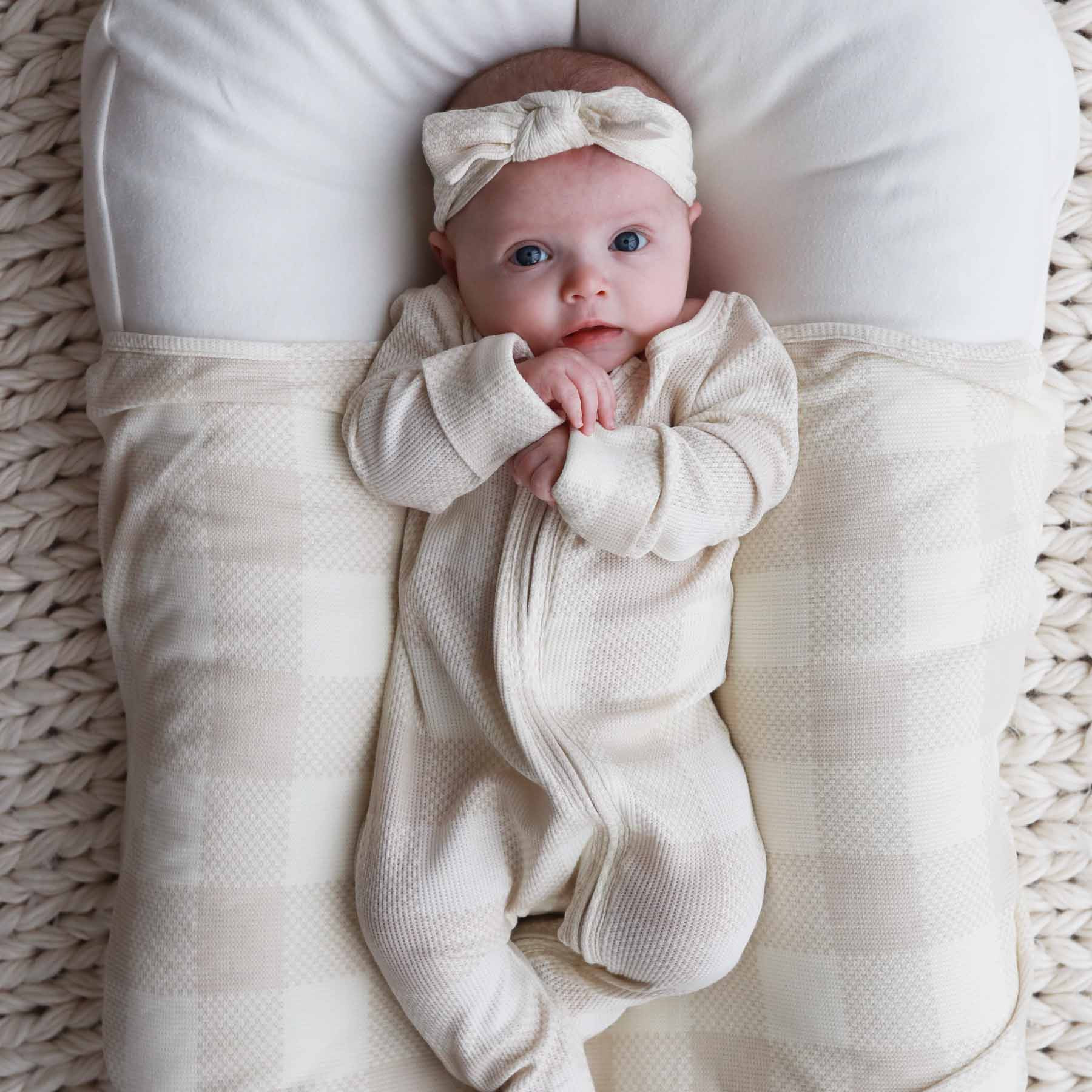 Big Check Waffle Bamboo Zipper Footie | Sand | Caden Lane