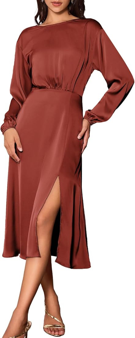 GRACE KARIN Women's Long Sleeve Satin Wedding Guest Dress with Slit Elegant Boat Neck High Waist A-L | Amazon (US)