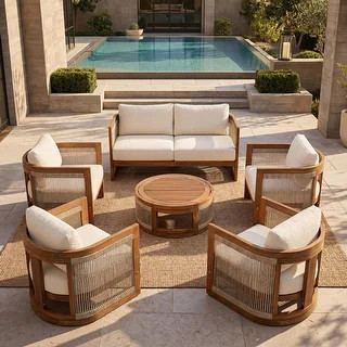 Christopher Knight Home - Outdoor 6-Piece Acacia Wood Patio Conversation Set with Rope Weave and ... | Bed Bath & Beyond