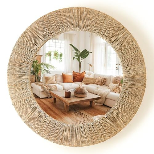 Chi An Home 24 Inch Natural Jute Mirror, Wall Mounted Round Mirror with Metal Frame, Wall Decor Rustic Farmhouse Boho Decor Accent for Bathroom, Bedroom, Living Room, or Entryway | Amazon (US)